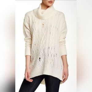 Free People Complex Cable Cowl Neck Distressed Sweater Oversized XS